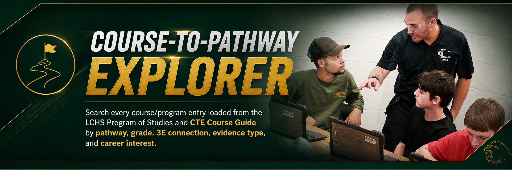 Course-to-Pathway Explorer. Search every course and program entry loaded from the LCHS Program of Studies and CTE Course Guide by pathway, grade, 3E connection, evidence type, and career interest.